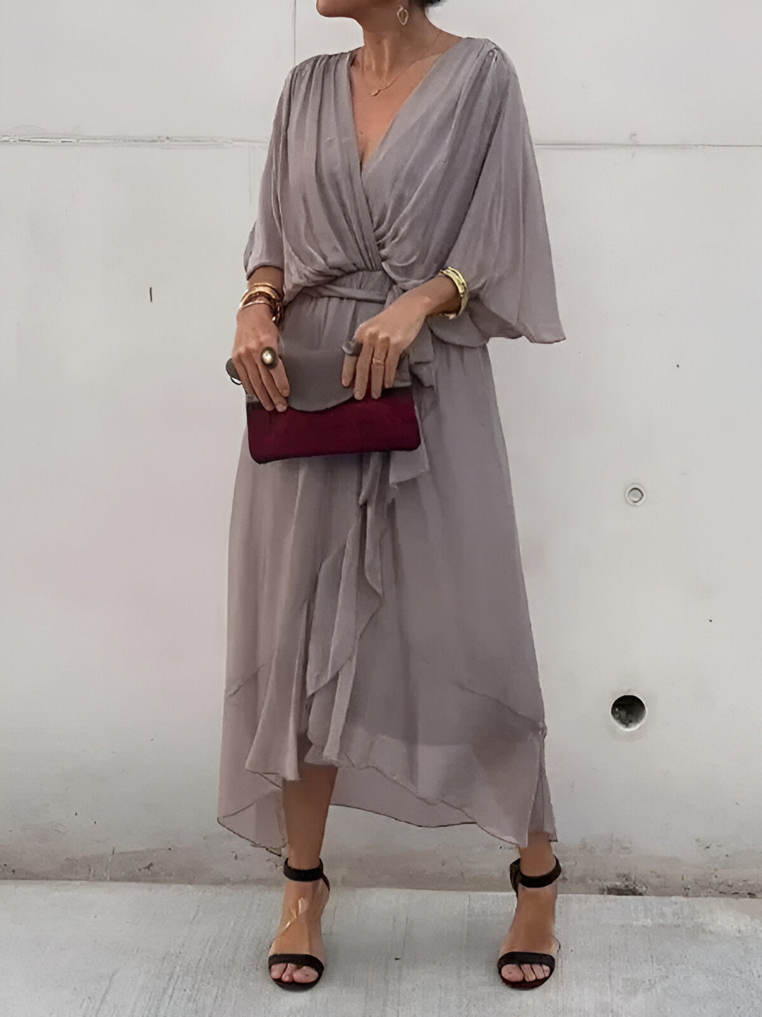 Women's Wrap Midi Dress Chiffon Batwing Sleeve Wedding Guest