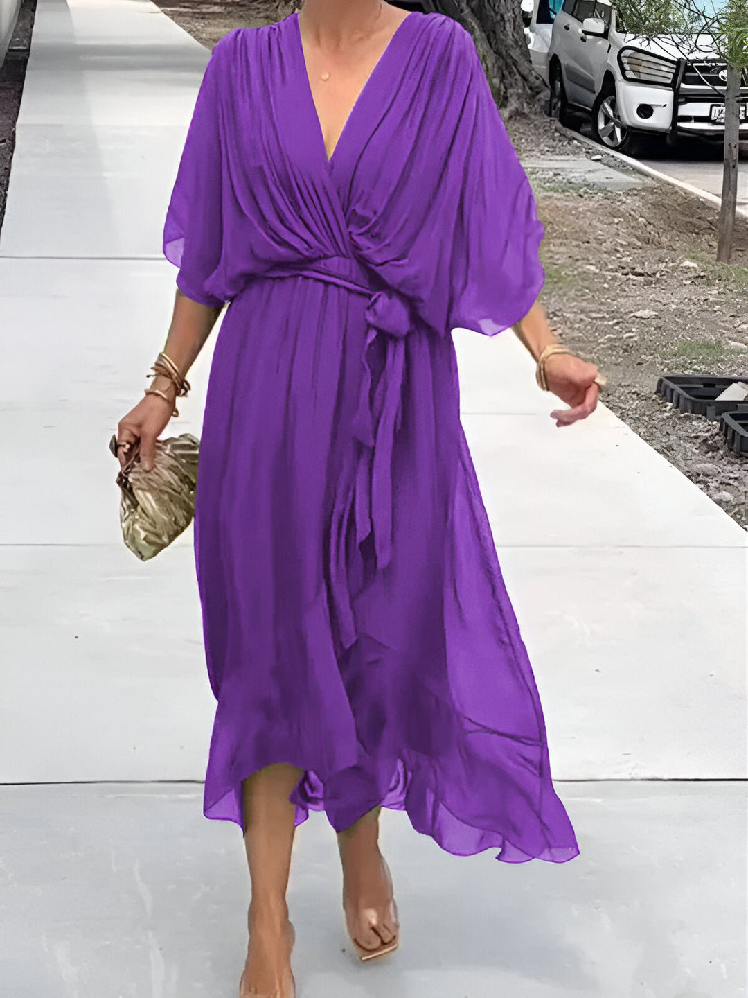 Women's Wrap Midi Dress Chiffon Batwing Sleeve Wedding Guest