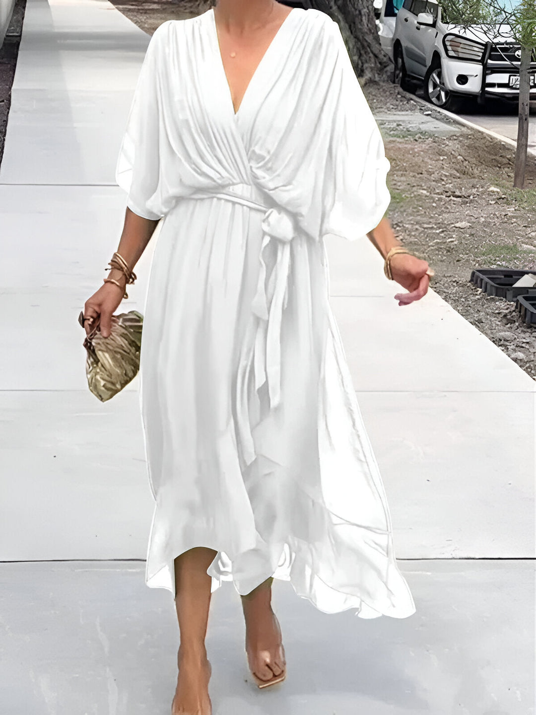 Women's Wrap Midi Dress Chiffon Batwing Sleeve Wedding Guest