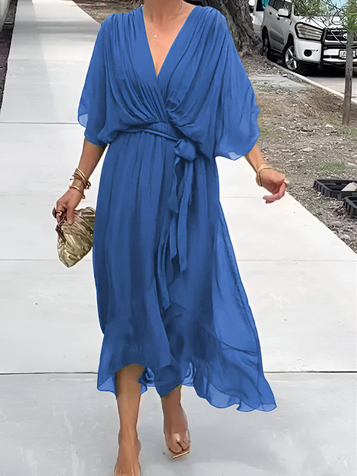 Women's Wrap Midi Dress Chiffon Batwing Sleeve Wedding Guest