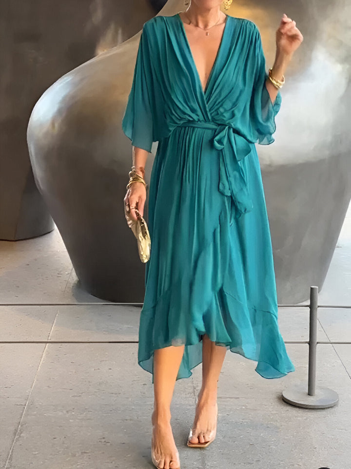 Women's Wrap Midi Dress Chiffon Batwing Sleeve Wedding Guest