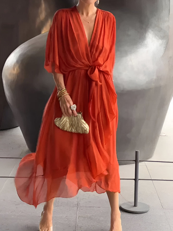 Women's Wrap Midi Dress Chiffon Batwing Sleeve Wedding Guest