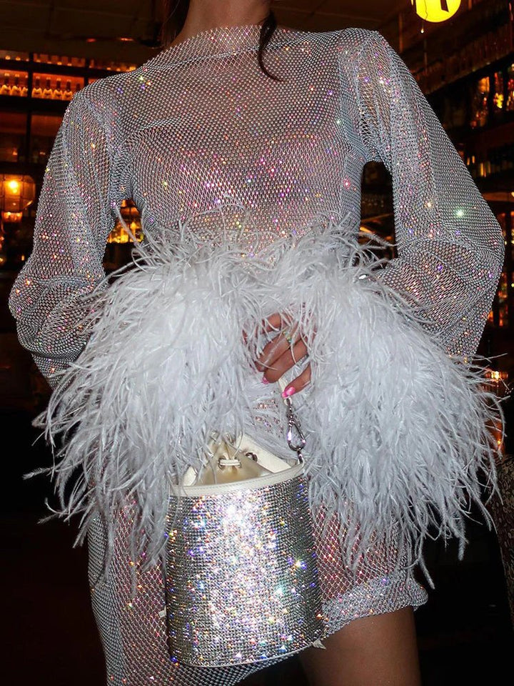 Sequin Feather Cuff Long Sleeve Bodycon Mini Dress - Cocktail Party