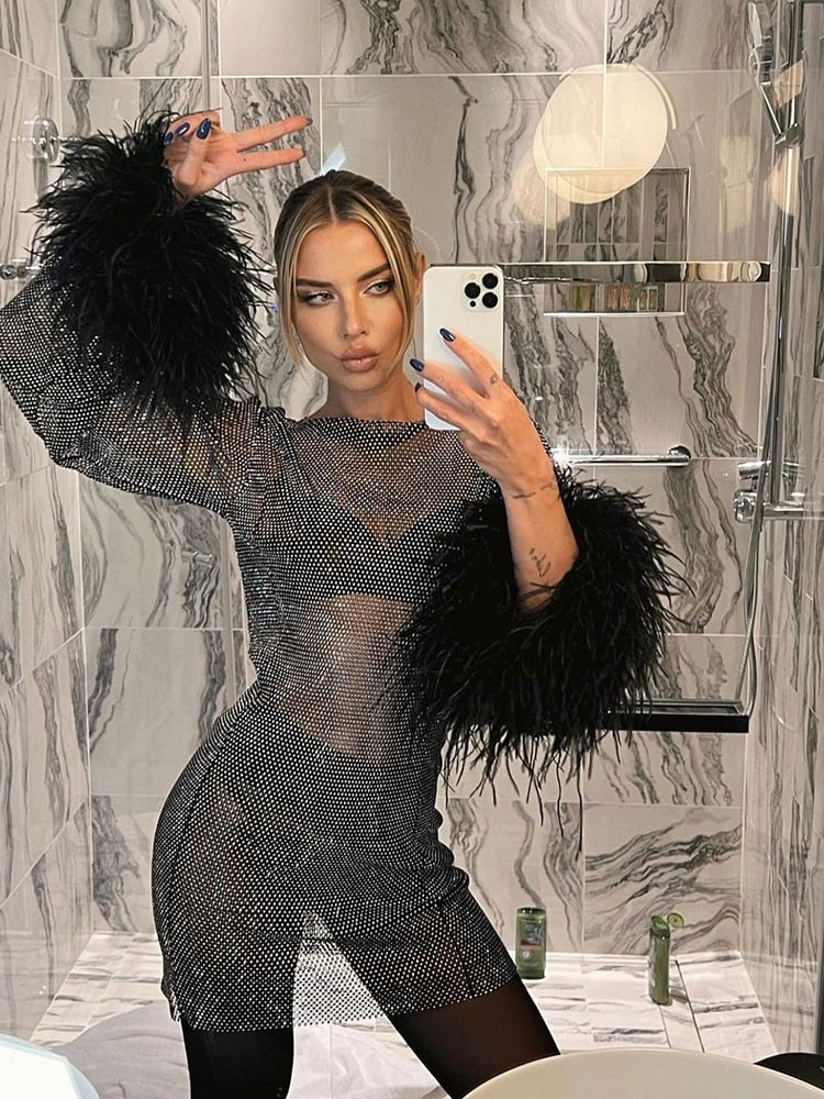 Sequin Feather Cuff Long Sleeve Bodycon Mini Dress - Cocktail Party