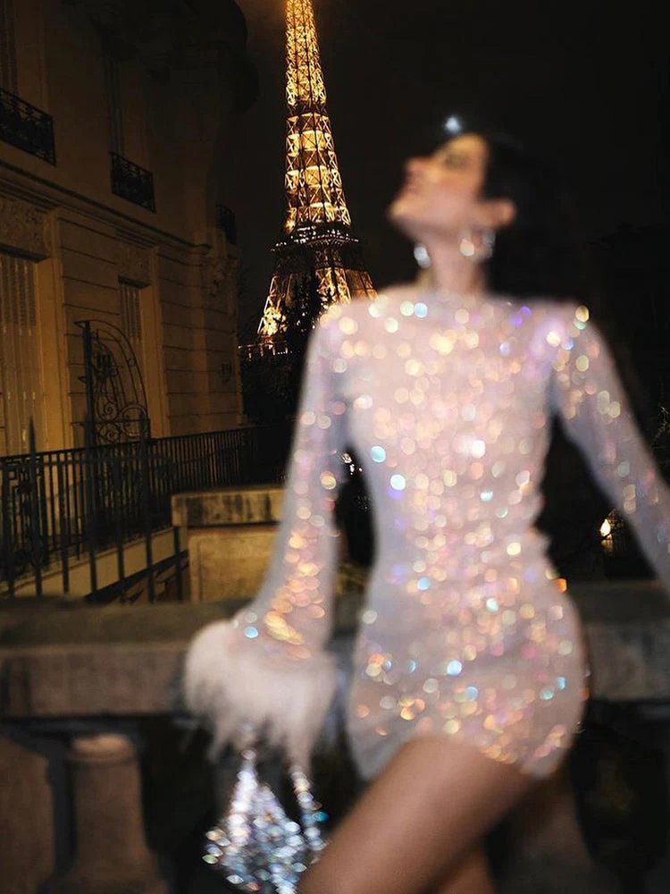 Sequin Feather Cuff Long Sleeve Bodycon Mini Dress - Cocktail Party