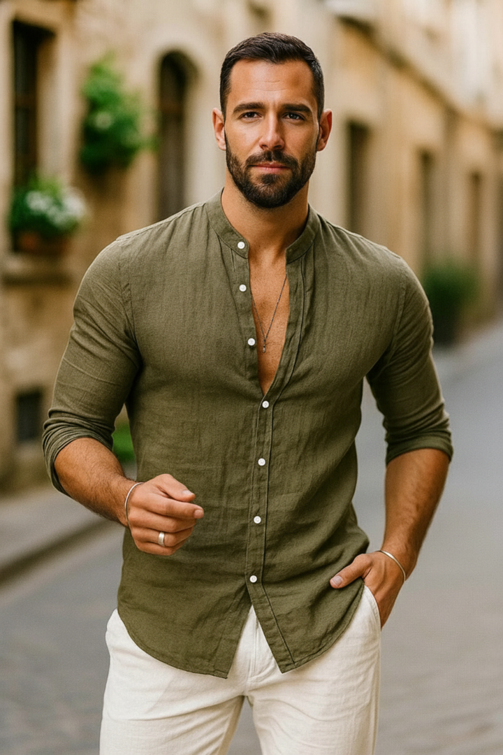 Band Collar 3/4 Sleeve Relaxed Fit Casual Linen Shirt