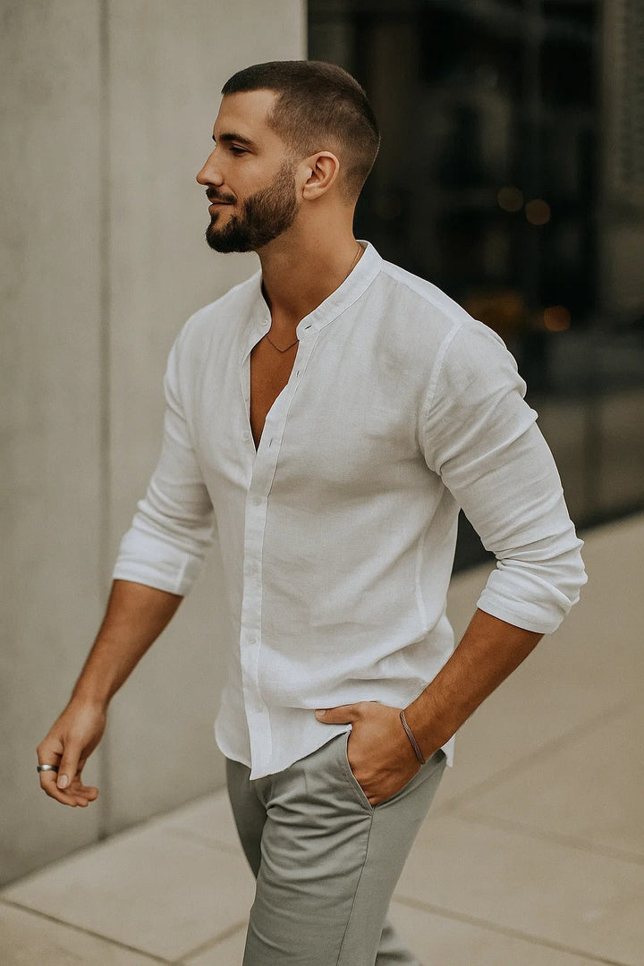 Band Collar 3/4 Sleeve Relaxed Fit Casual Linen Shirt