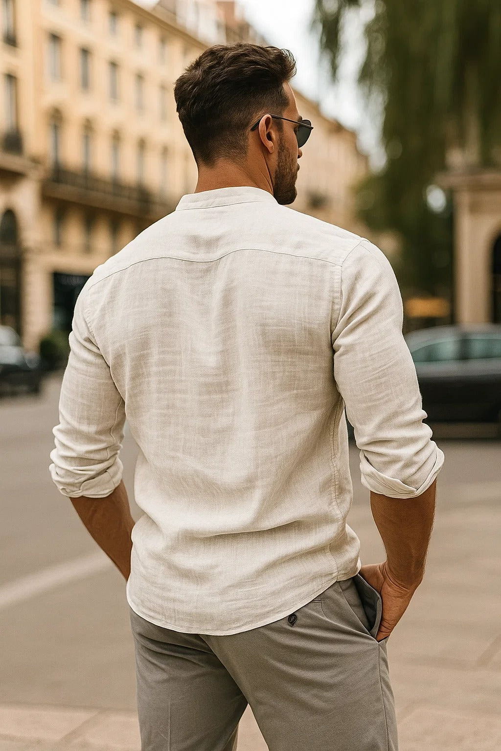 Band Collar 3/4 Sleeve Relaxed Fit Casual Linen Shirt