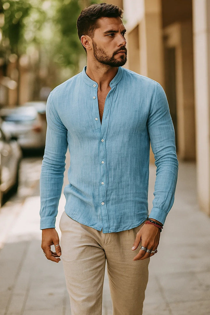 Band Collar 3/4 Sleeve Relaxed Fit Casual Linen Shirt