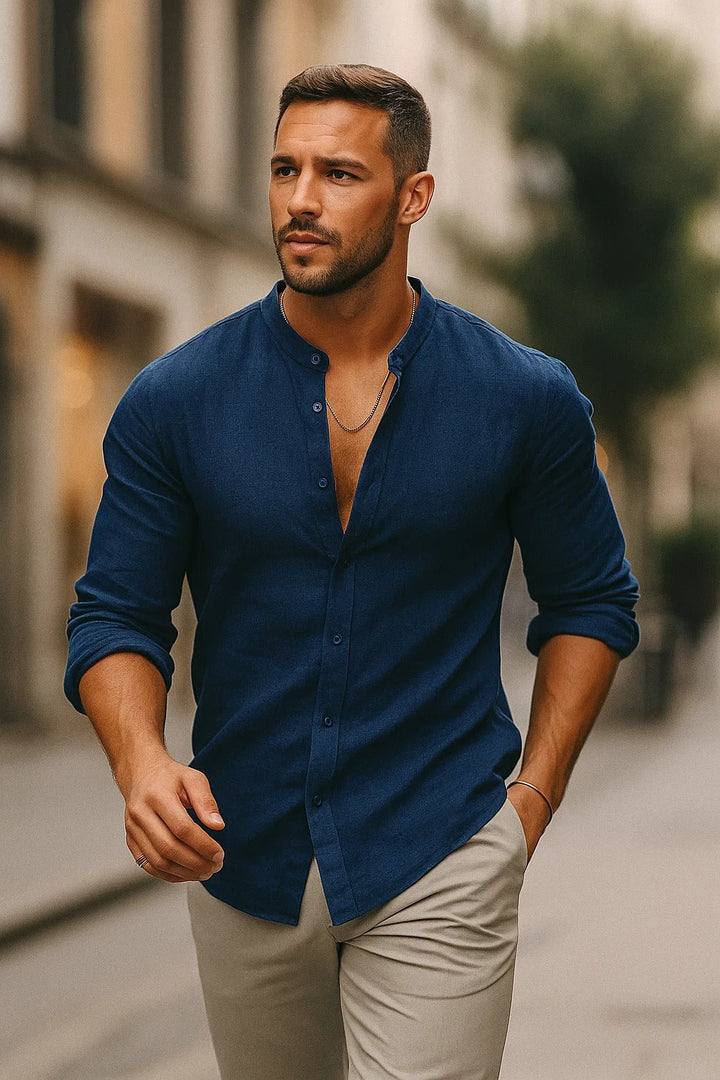Band Collar 3/4 Sleeve Relaxed Fit Casual Linen Shirt