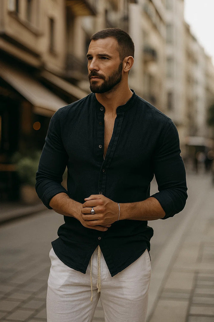 Band Collar 3/4 Sleeve Relaxed Fit Casual Linen Shirt