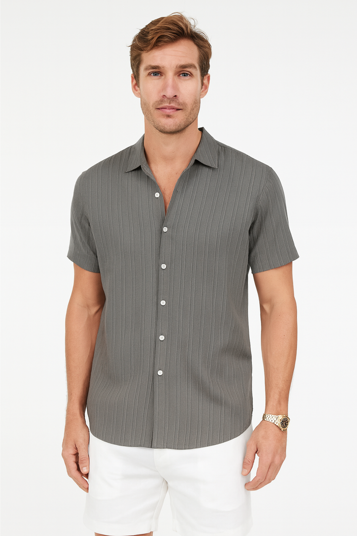 Textured Stripe Short Sleeve Button Down Casual Shirt