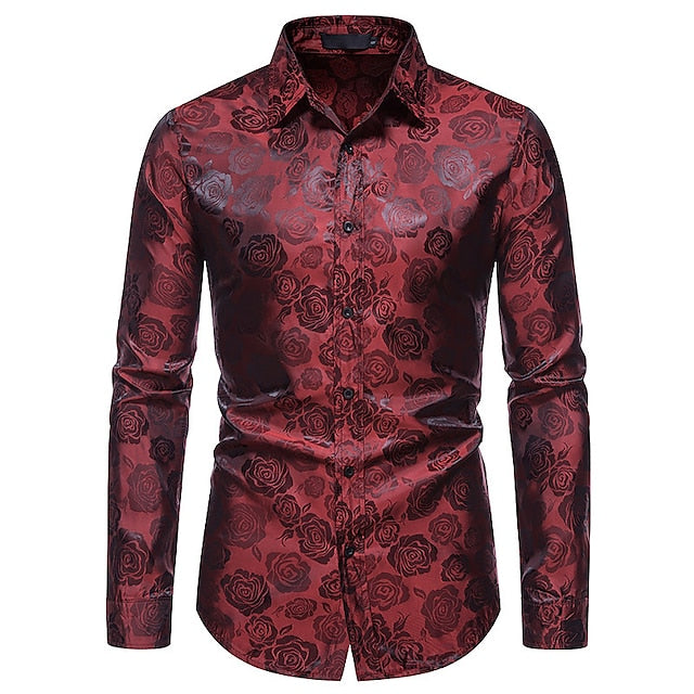 Rose Jacquard Satin Slim Fit Long Sleeve Dress Shirt