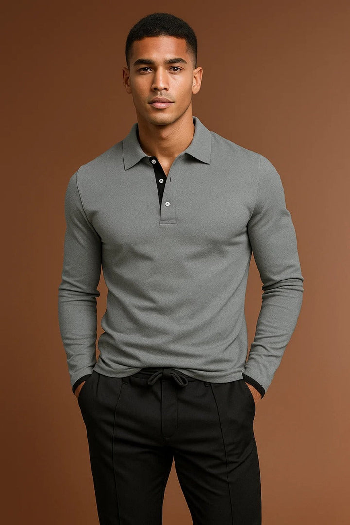 Contrast Placket Spread Collar Slim Fit Long Sleeve Polo Shirt