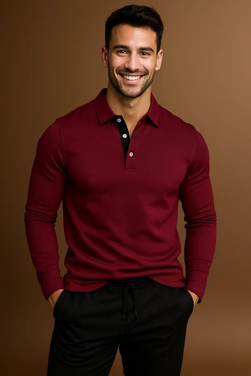 Contrast Placket Spread Collar Slim Fit Long Sleeve Polo Shirt