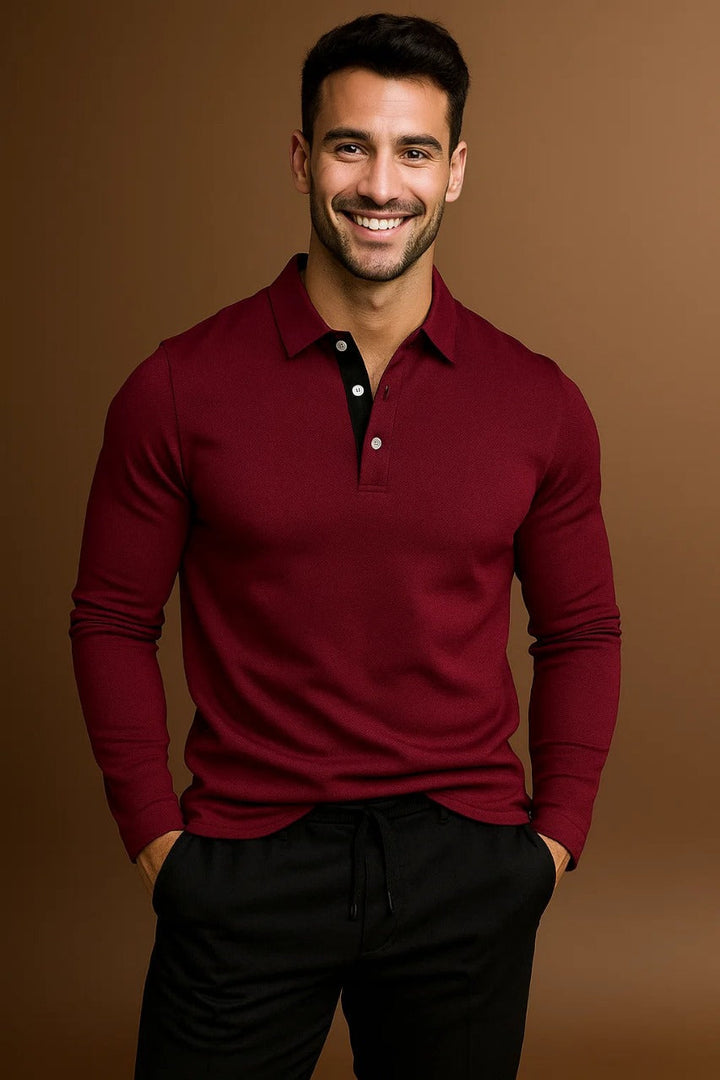 Contrast Placket Spread Collar Slim Fit Long Sleeve Polo Shirt