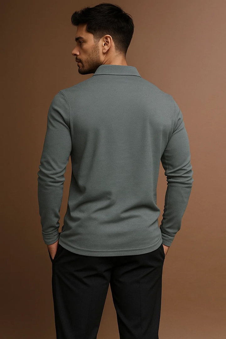 Contrast Placket Spread Collar Slim Fit Long Sleeve Polo Shirt
