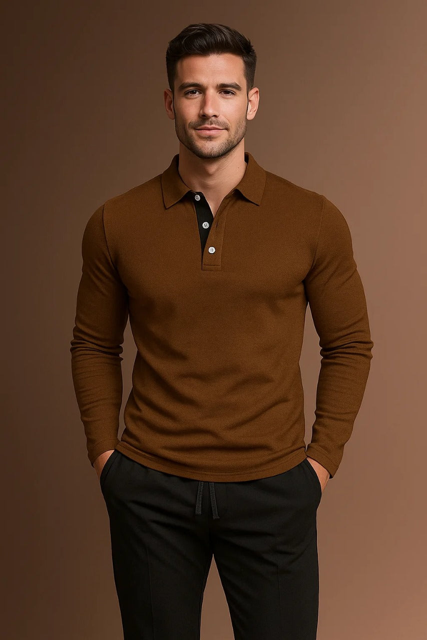 Contrast Placket Spread Collar Slim Fit Long Sleeve Polo Shirt