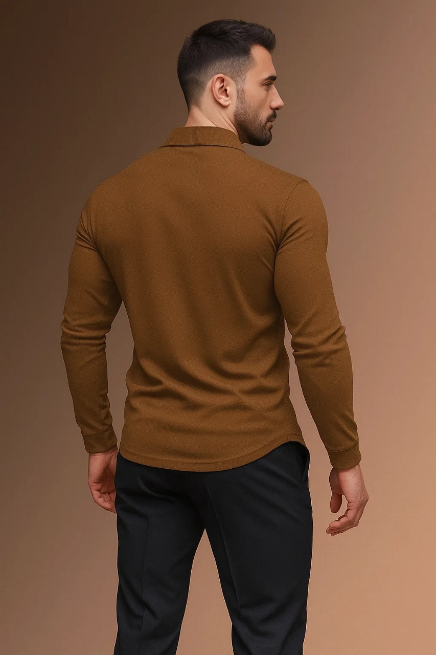 Contrast Placket Spread Collar Slim Fit Long Sleeve Polo Shirt