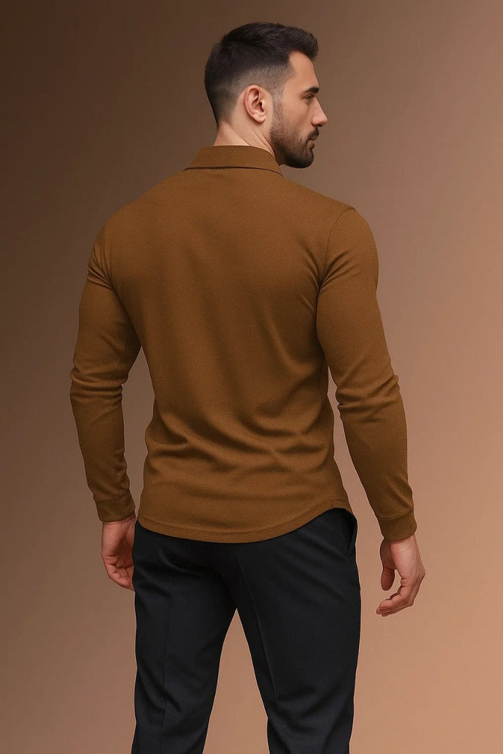 Contrast Placket Spread Collar Slim Fit Long Sleeve Polo Shirt
