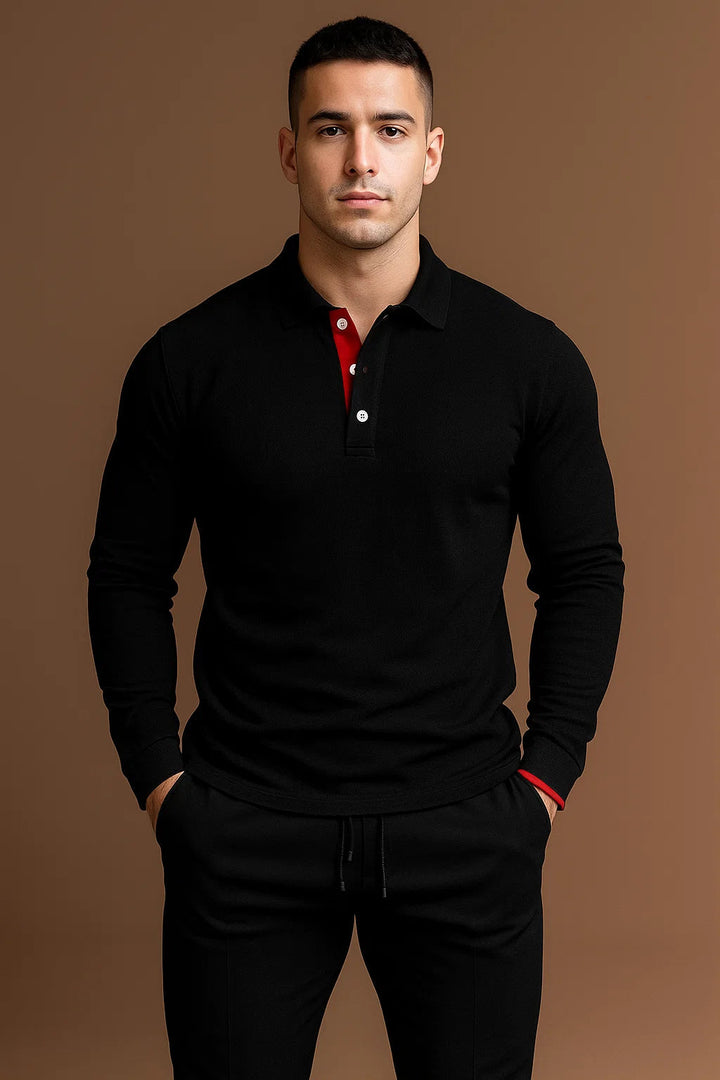 Contrast Placket Spread Collar Slim Fit Long Sleeve Polo Shirt