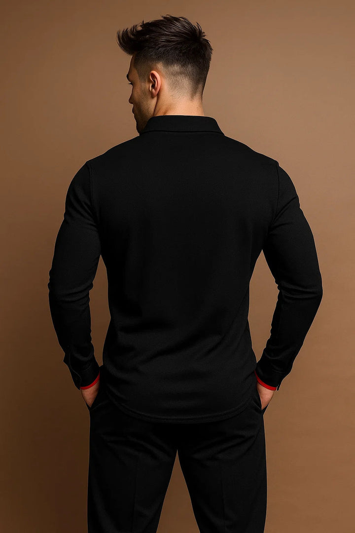 Contrast Placket Spread Collar Slim Fit Long Sleeve Polo Shirt