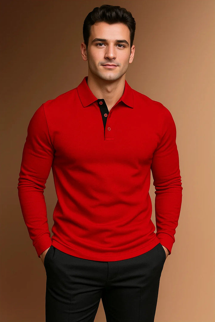 Contrast Placket Spread Collar Slim Fit Long Sleeve Polo Shirt