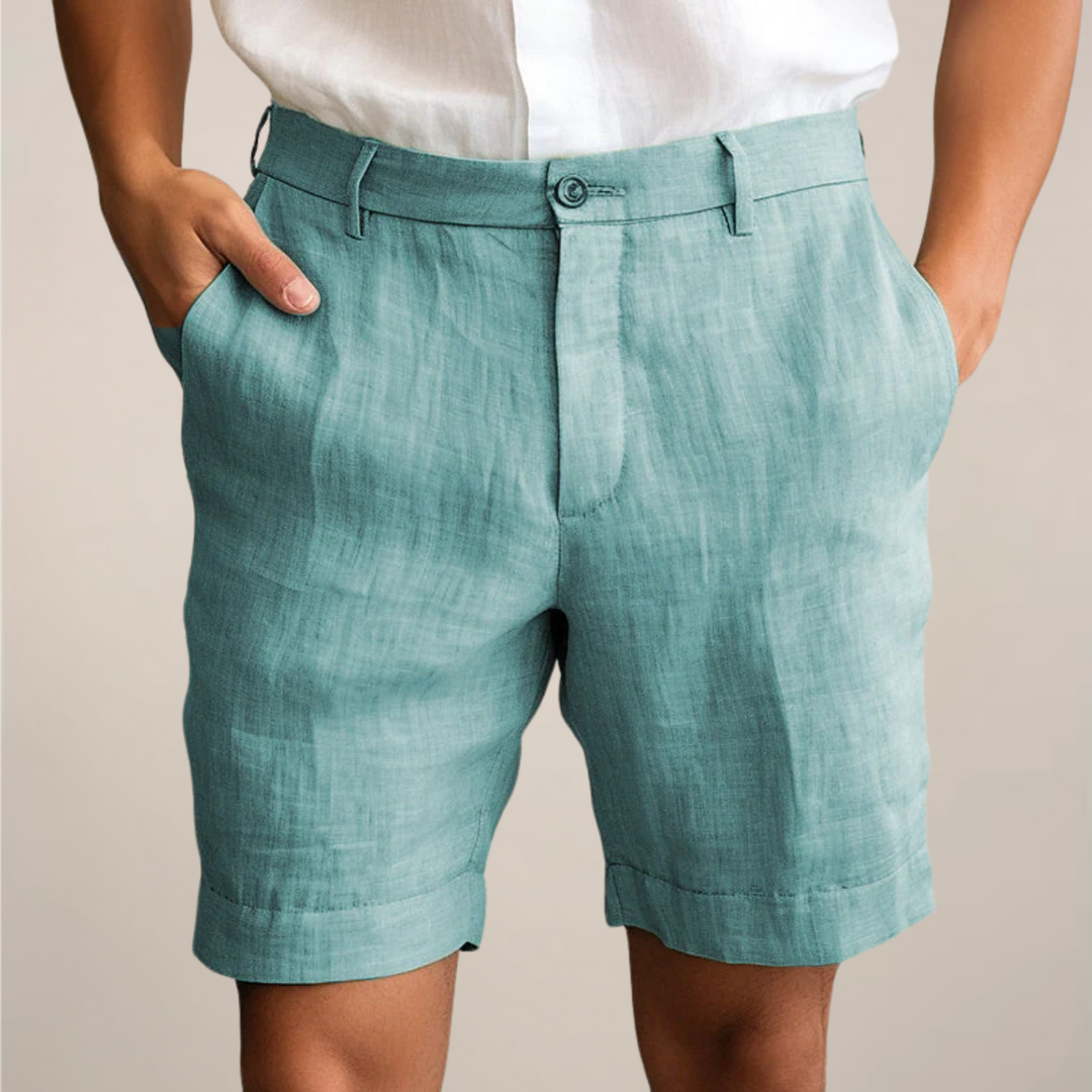 Flat Front Horn Button Turn Up Hem Tailored Linen Shorts