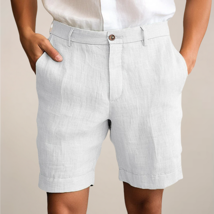 Flat Front Horn Button Turn Up Hem Tailored Linen Shorts