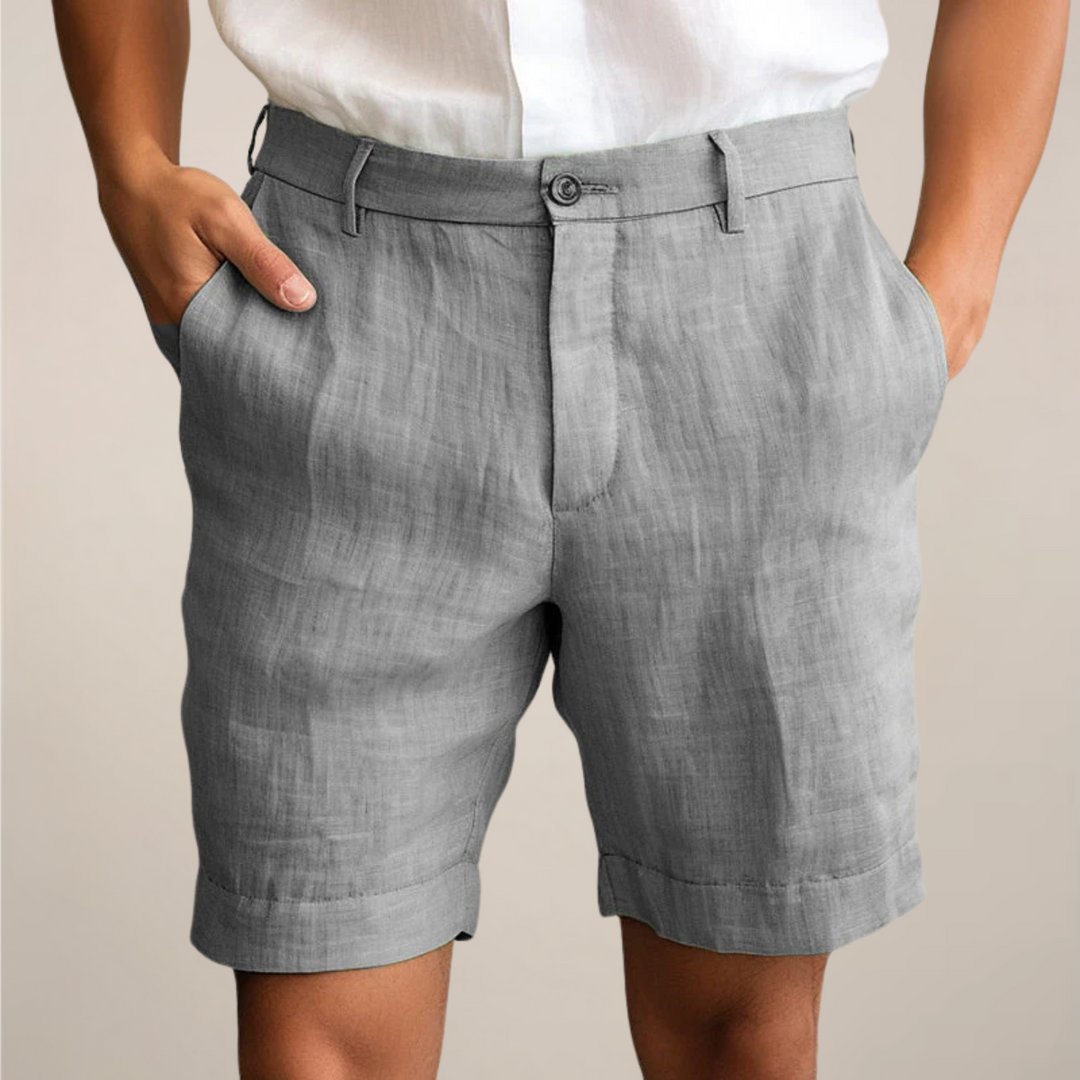 Flat Front Horn Button Turn Up Hem Tailored Linen Shorts