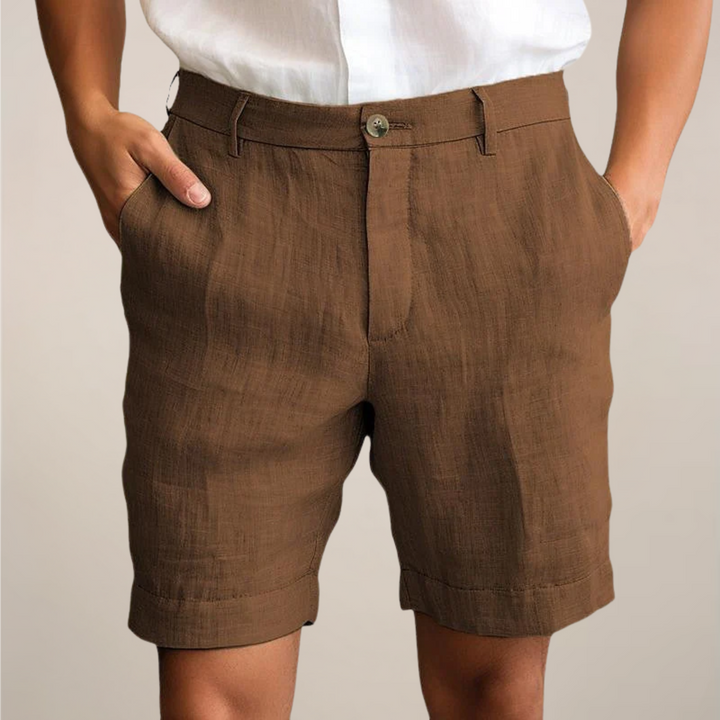 Flat Front Horn Button Turn Up Hem Tailored Linen Shorts