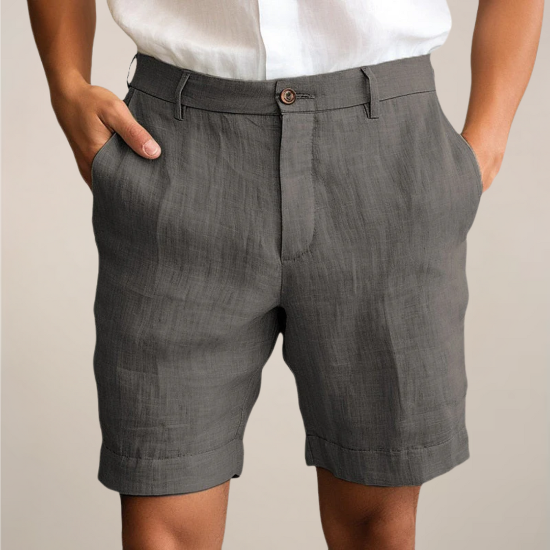 Flat Front Horn Button Turn Up Hem Tailored Linen Shorts