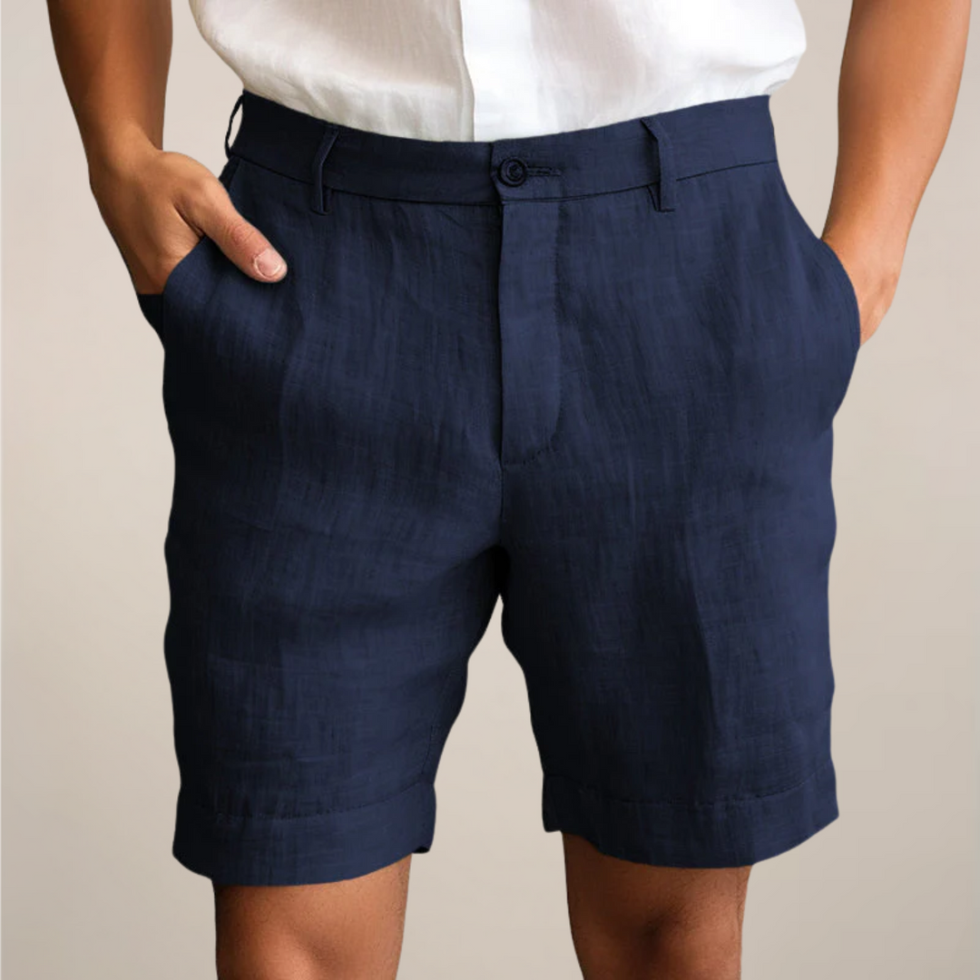 Flat Front Horn Button Turn Up Hem Tailored Linen Shorts