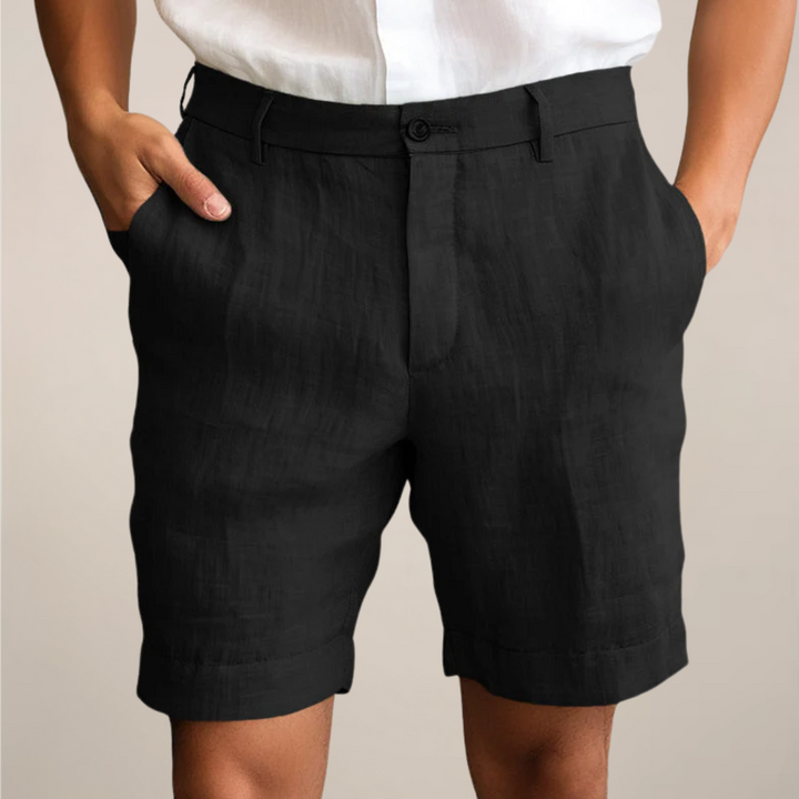 Flat Front Horn Button Turn Up Hem Tailored Linen Shorts