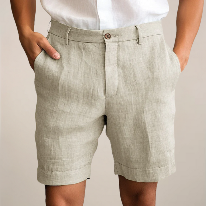Flat Front Horn Button Turn Up Hem Tailored Linen Shorts
