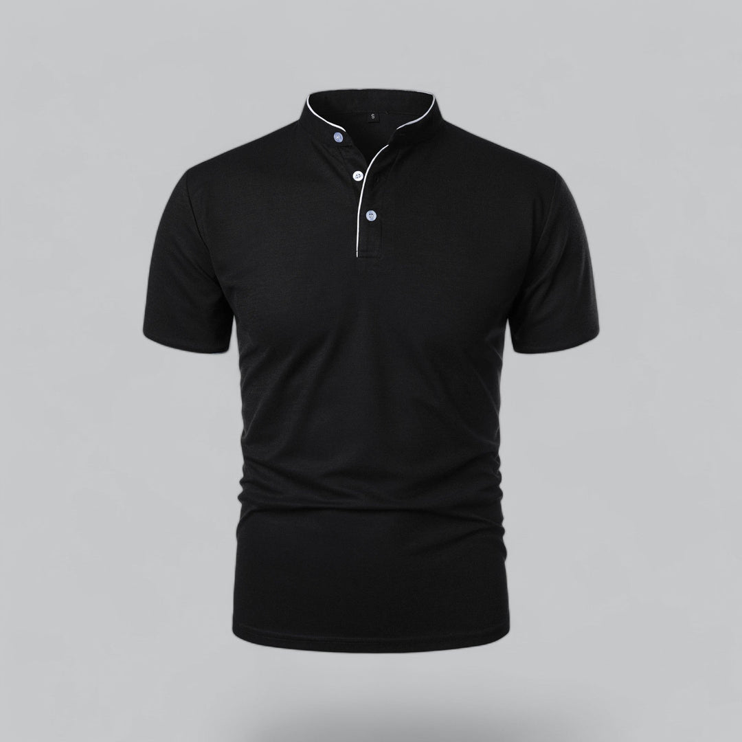 Contrast Trim Stand Collar Button Placket Short Sleeve Polo Shirt