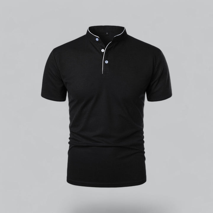 Contrast Trim Stand Collar Button Placket Short Sleeve Polo Shirt