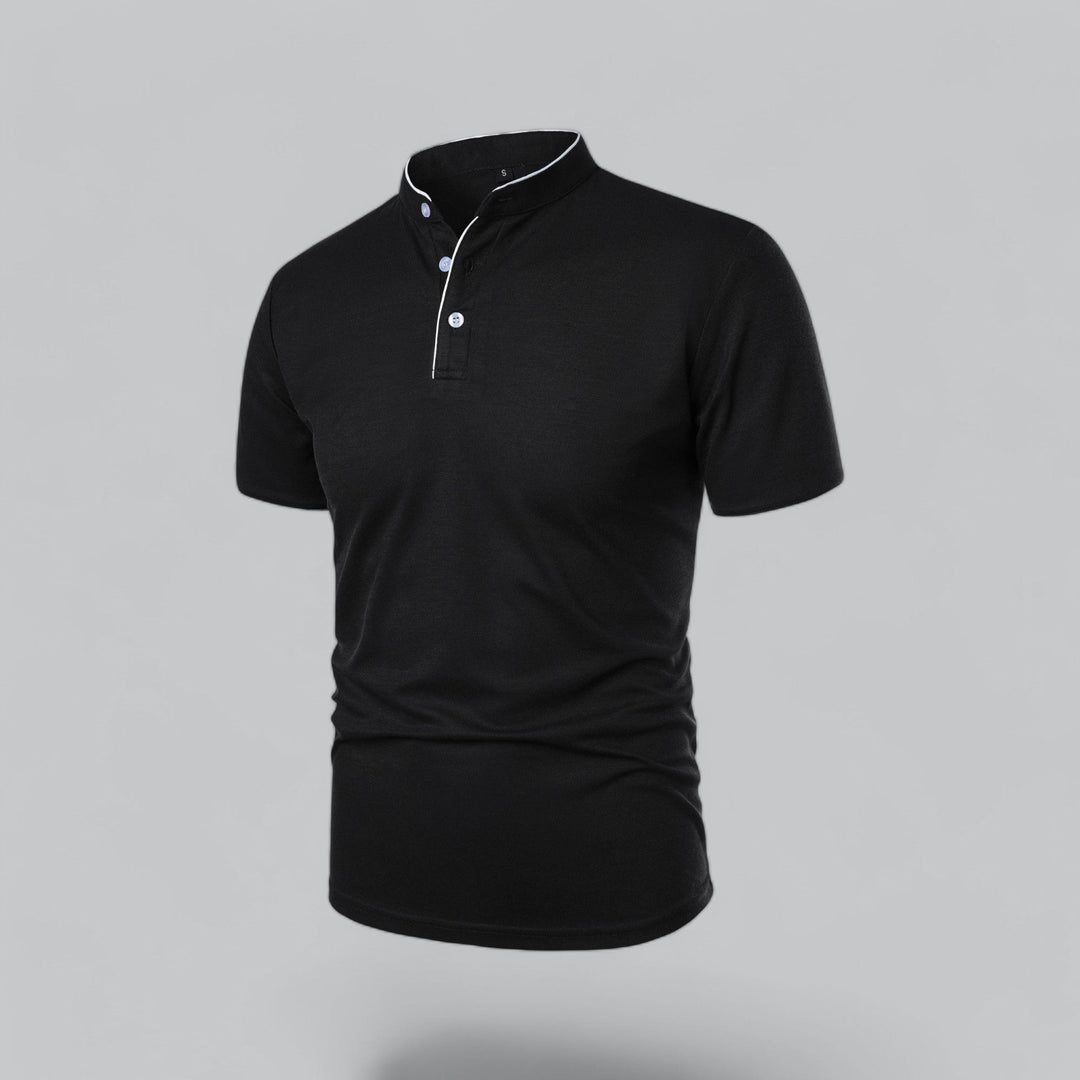 Contrast Trim Stand Collar Button Placket Short Sleeve Polo Shirt