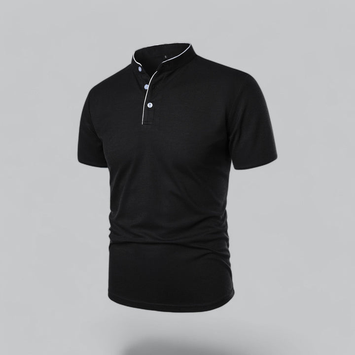 Contrast Trim Stand Collar Button Placket Short Sleeve Polo Shirt