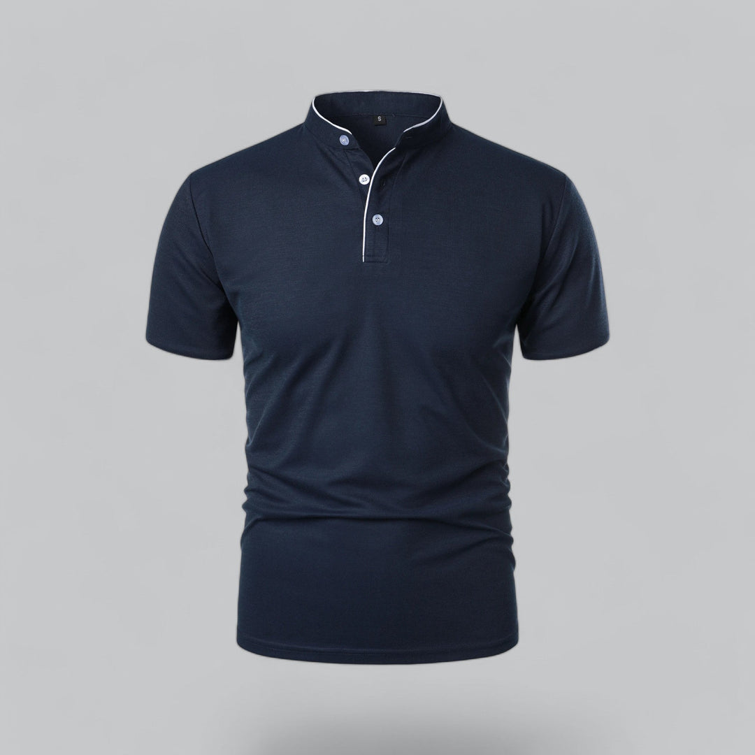 Contrast Trim Stand Collar Button Placket Short Sleeve Polo Shirt