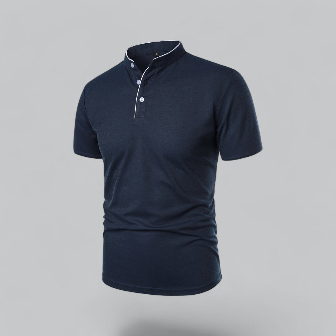 Contrast Trim Stand Collar Button Placket Short Sleeve Polo Shirt