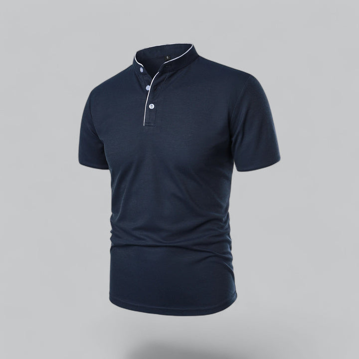 Contrast Trim Stand Collar Button Placket Short Sleeve Polo Shirt