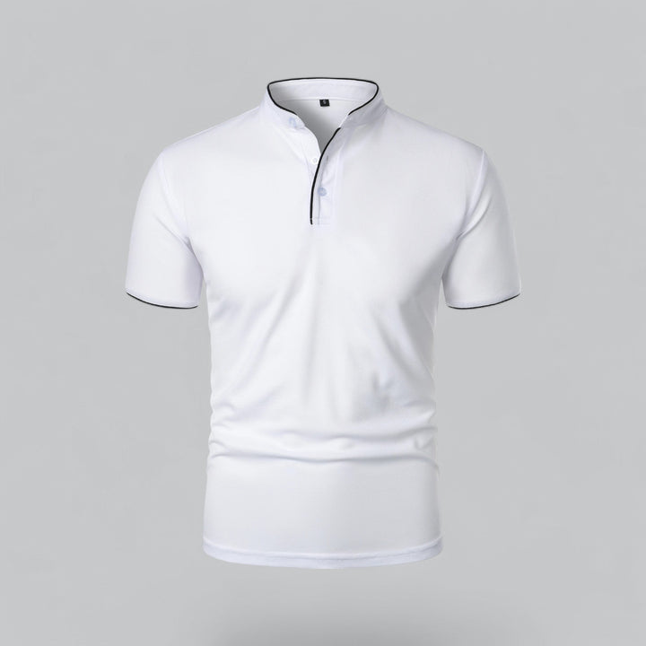 Contrast Trim Stand Collar Button Placket Short Sleeve Polo Shirt