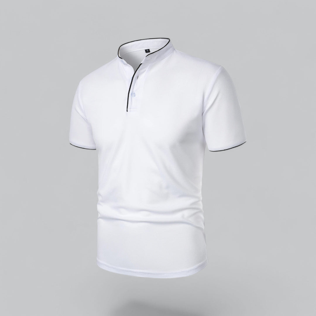 Contrast Trim Stand Collar Button Placket Short Sleeve Polo Shirt