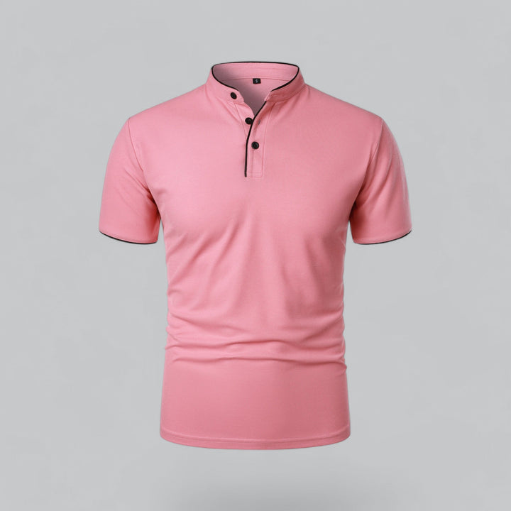 Contrast Trim Stand Collar Button Placket Short Sleeve Polo Shirt