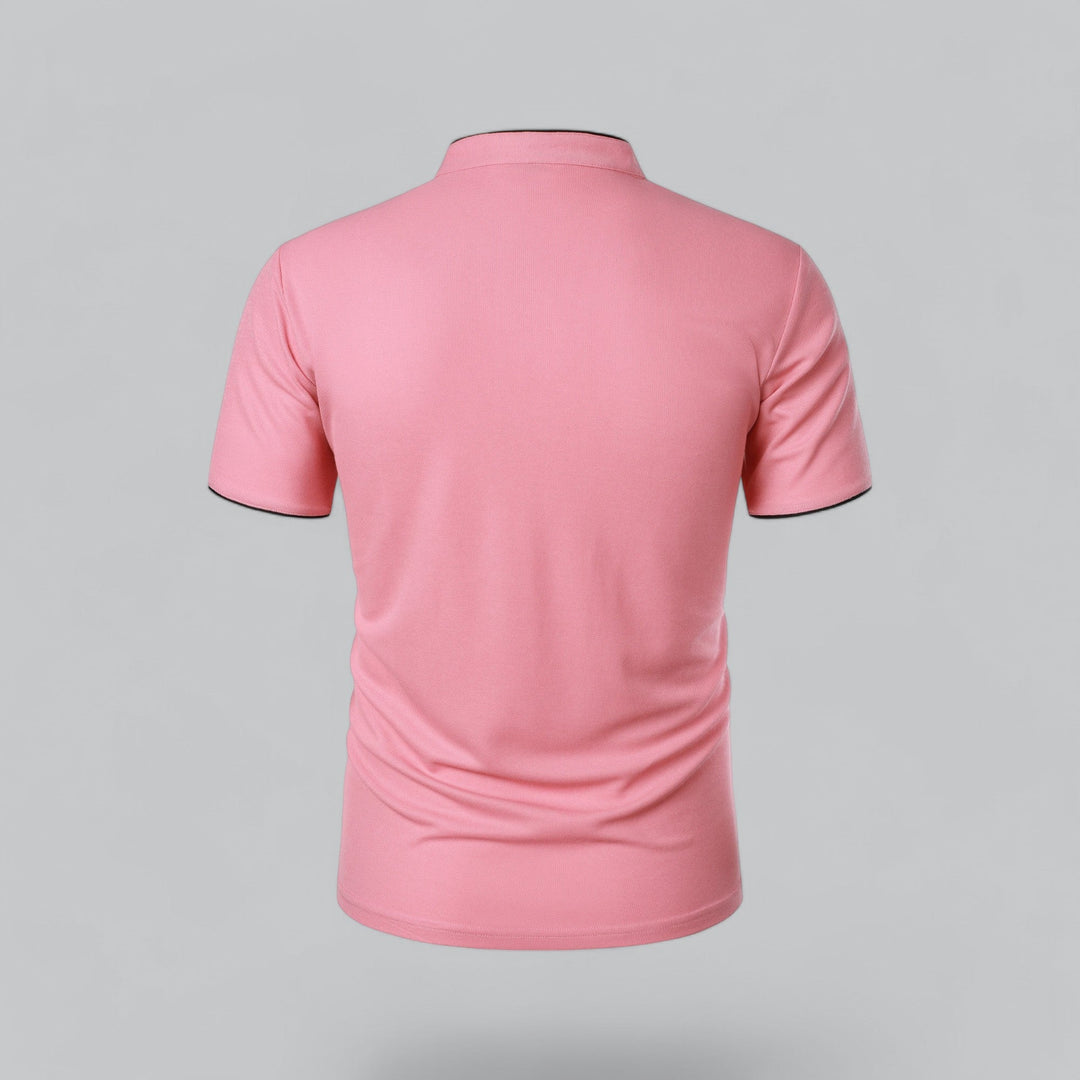 Contrast Trim Stand Collar Button Placket Short Sleeve Polo Shirt