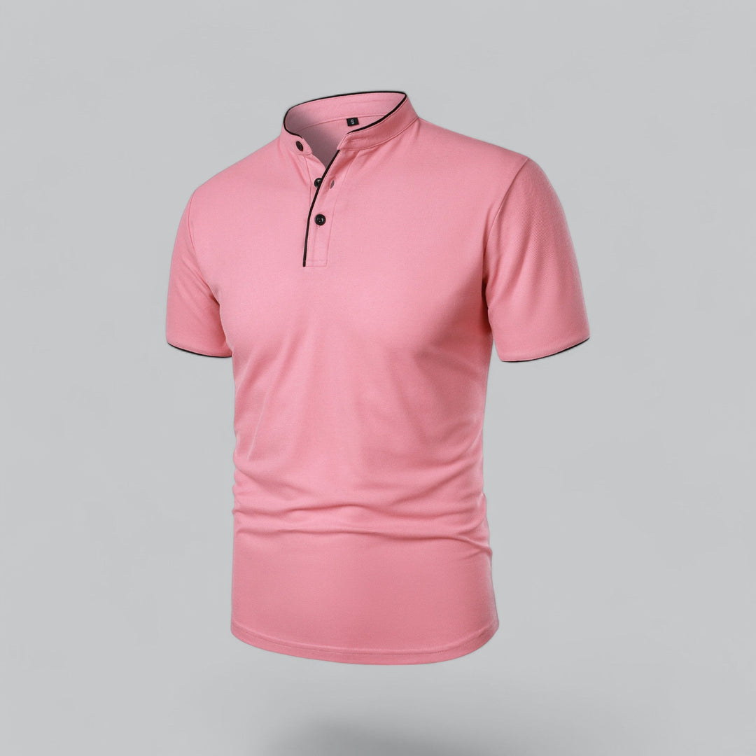 Contrast Trim Stand Collar Button Placket Short Sleeve Polo Shirt