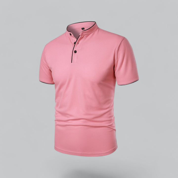 Contrast Trim Stand Collar Button Placket Short Sleeve Polo Shirt