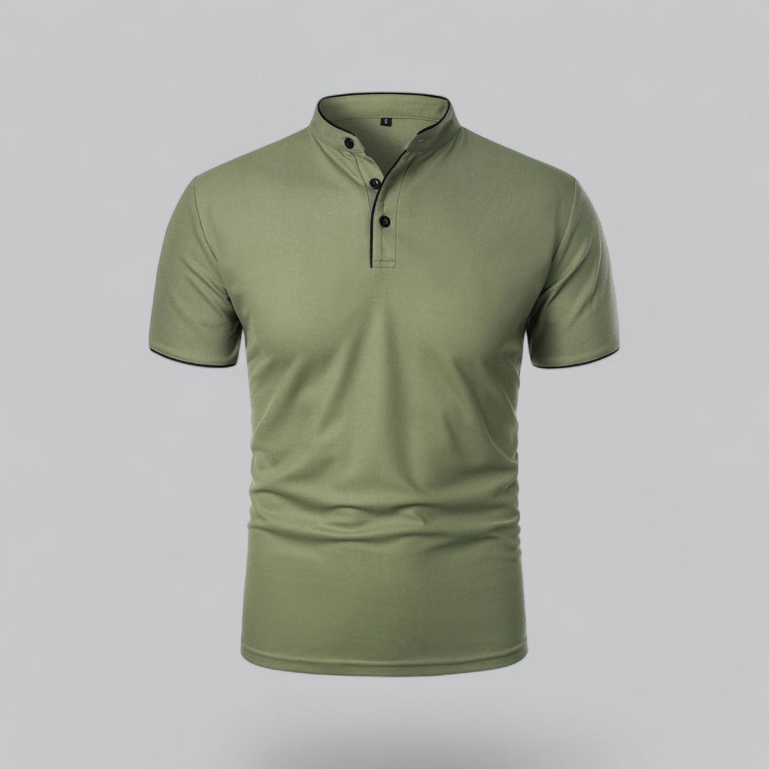 Contrast Trim Stand Collar Button Placket Short Sleeve Polo Shirt