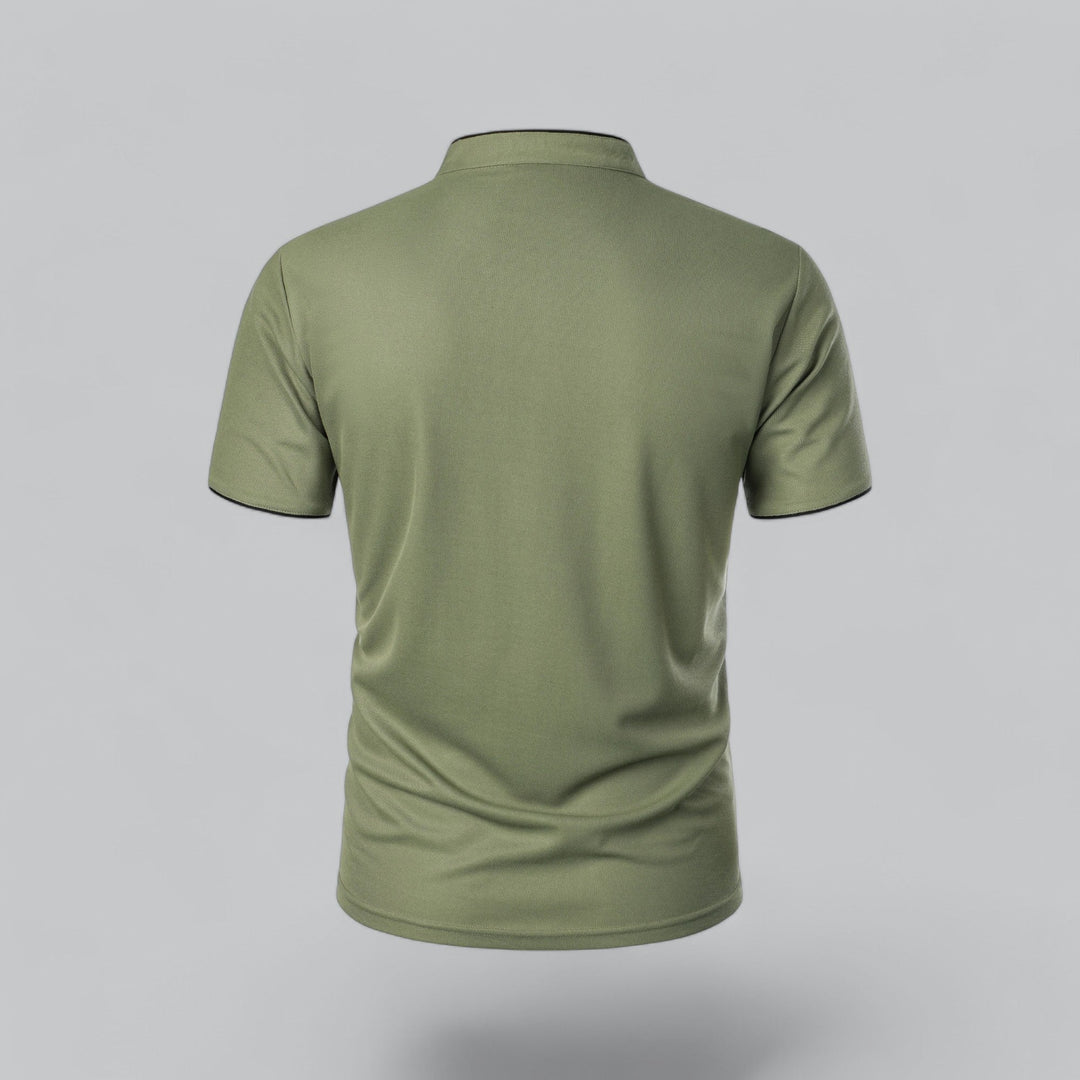 Contrast Trim Stand Collar Button Placket Short Sleeve Polo Shirt